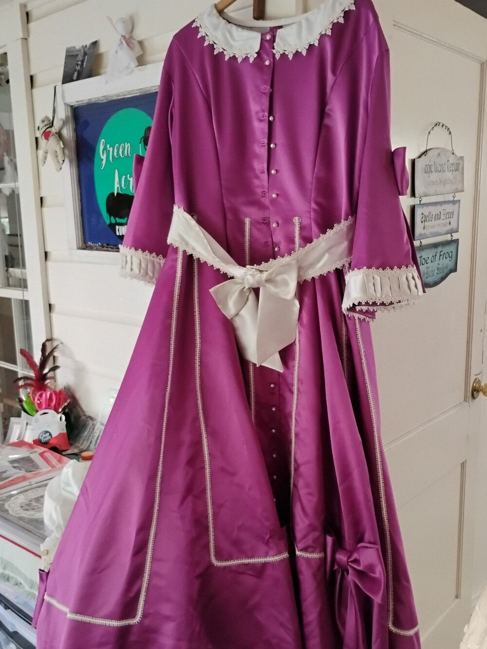 Fuchsia Satin Vintage-Style Ball Gown with Ivory Trim.
